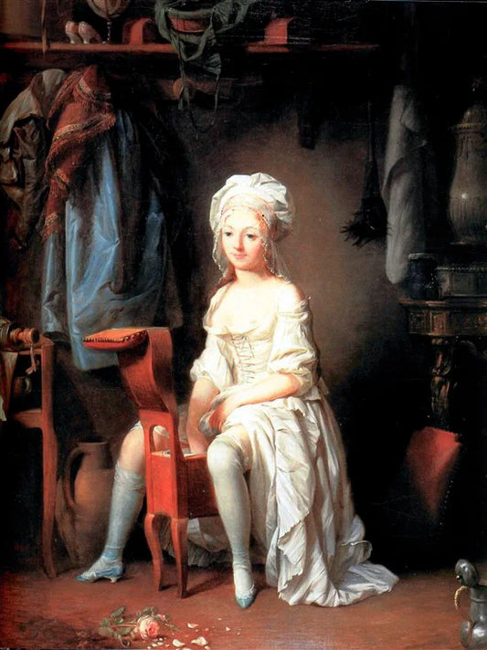 Mujer usando un bidet antiguo de madera en pintura clásica, ejemplo histórico del origen del bidet en Europa.